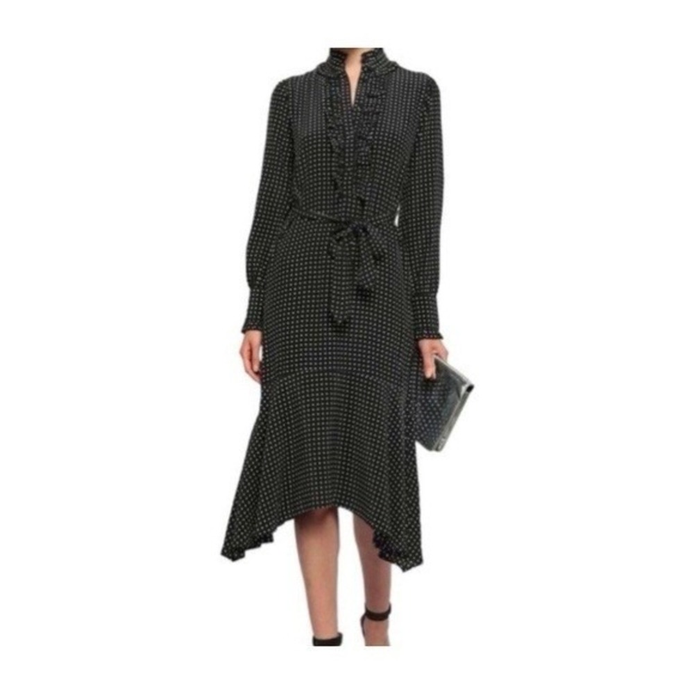 Equipment Femme Silk Polka Dot Midi Dress Womens S Black Ruffle Hem